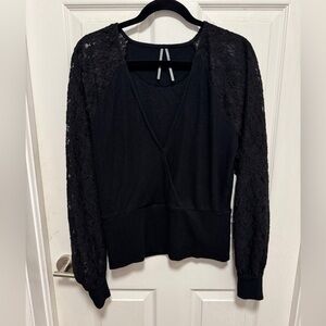 By Anthropologie faux wrap top with lace sleeves, size large